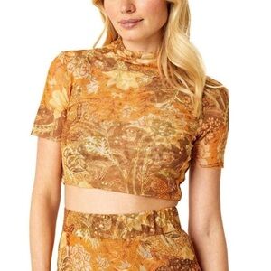 Misa- NWOT Rumer Golden Mesh Sheer Floral High Collar Crop Top